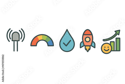 Garden‑IoT icons linking beacon, band, drop, rocket, badge, bar