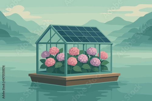 Flat ag‑tech scene with PV rafts, blue flowers, and volcanic rim