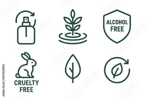Perfume‑eco icons linking sprayer, ripple, crest, bunny, leaf, arrow