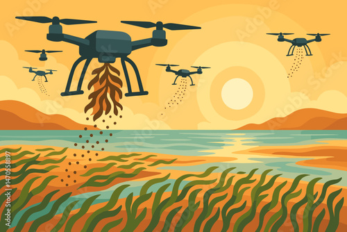Flat marine‑tech scene with drone mist, tidal flat pools, and orange horizon