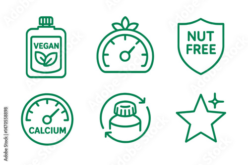 Pesto‑eco icons linking pouch, gauge, shield, dial, arrow, star