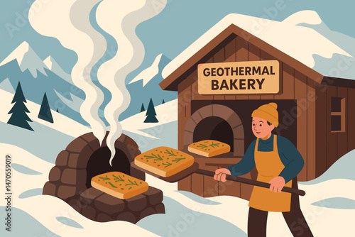 Flat food‑tech scene with herb bread, steam vents, and alpine hut