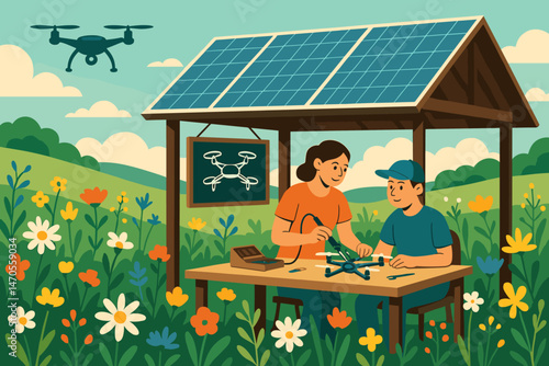 Flat circular‑tech scene with PV canopy, solder benches, and pink blooms