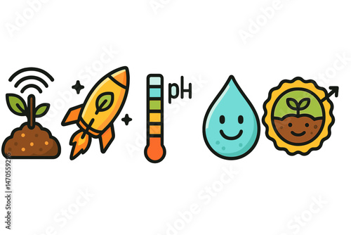 Icons for Garden‑IoT include beacon, rocket, ladder, drop, badge, and bar