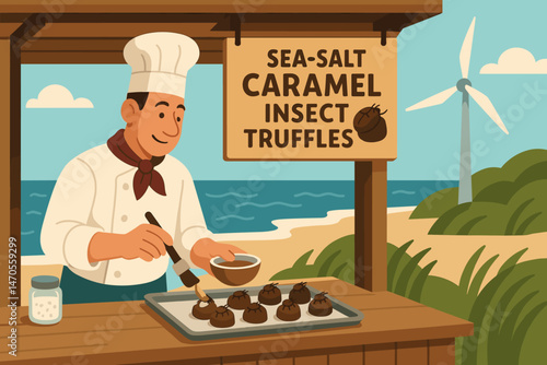 The scene features a flat area with alternative protein sources, accompanied by a row of truffles, a turbine, and waves