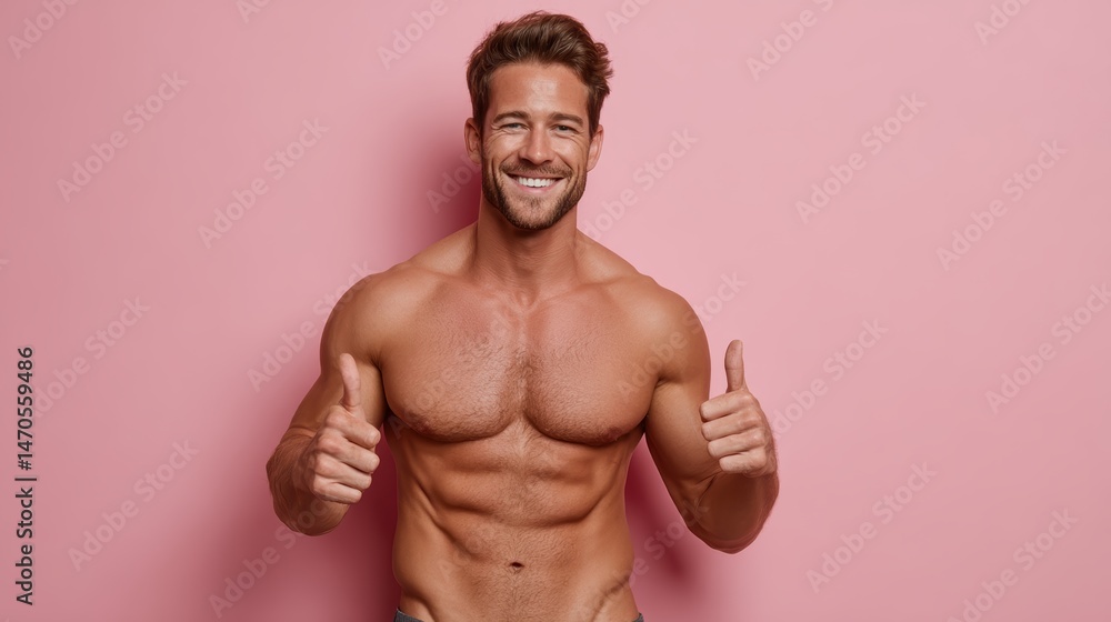 Fototapeta premium Smiling muscular man flexing biceps, showing thumbs up, isolated on background