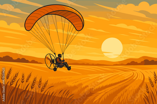 The scene depicts a flat agricultural landscape with an electronic paraglider, wavy wheat, and a vibrant orange sky