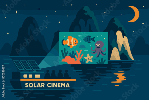 The scene is characterized by a flat cultural landscape with a green backdrop, a screen made of photovoltaic rafts, cliffs on an island, and a crowd of laughing people