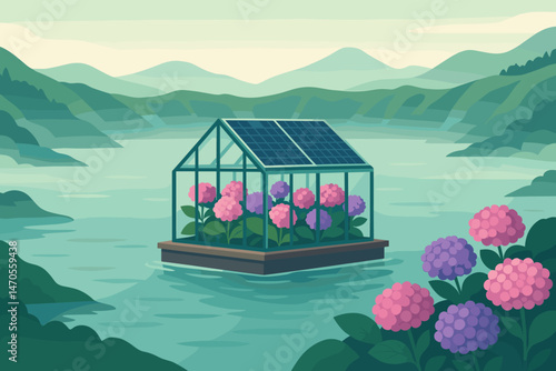 A flat landscape with agricultural technology, photovoltaic rafts, blue flowers, and a volcanic rim is depicted