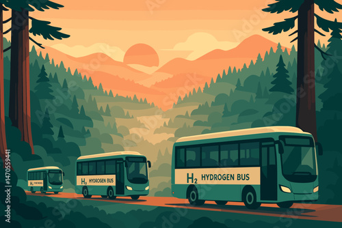 The scene features hydrogen buses, towering redwood trees, and a gentle fog, all set against a backdrop of flat, clean mobility