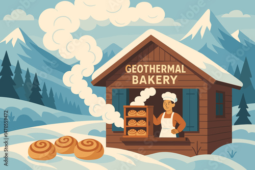 The food-tech scene is depicted as flat, complete with fluffy buns, steam curls, and snowy trees
