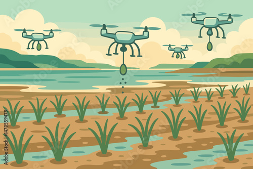The marine-tech scene is depicted as flat, featuring pod droppers, tidal flats, and birds