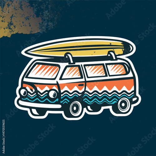 Vintage Surf Van with Surfboard on Roof Rack Graphic Design