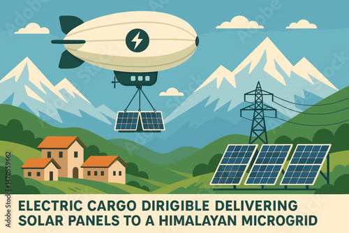 The scene depicts a flat aero-tech landscape featuring a blimp crane, panel crates, and snowy summits