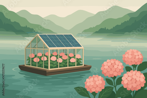 The scene is flat and features ag-tech elements, including PV rafts, blue flowers, and a volcanic rim