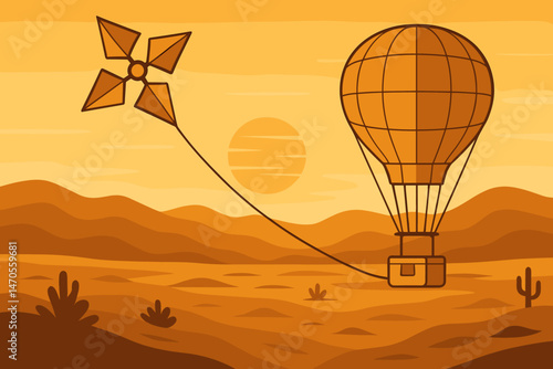 The scene is a flat expanse of science and technology featuring a kite cable, a tethered balloon, and dunes of ochre