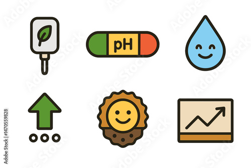 Icons for a smart garden include a wand, bar, droplet, arrow, badge, and graph
