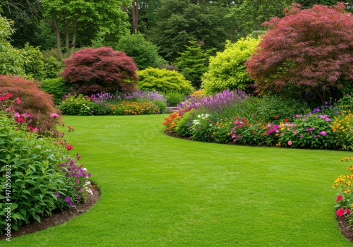 Beautiful garden with flowers and lawn