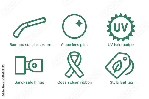 Icons representing eco-friendly eyewear are connected by arm, glint, badge, hinge, ribbon, and tag
