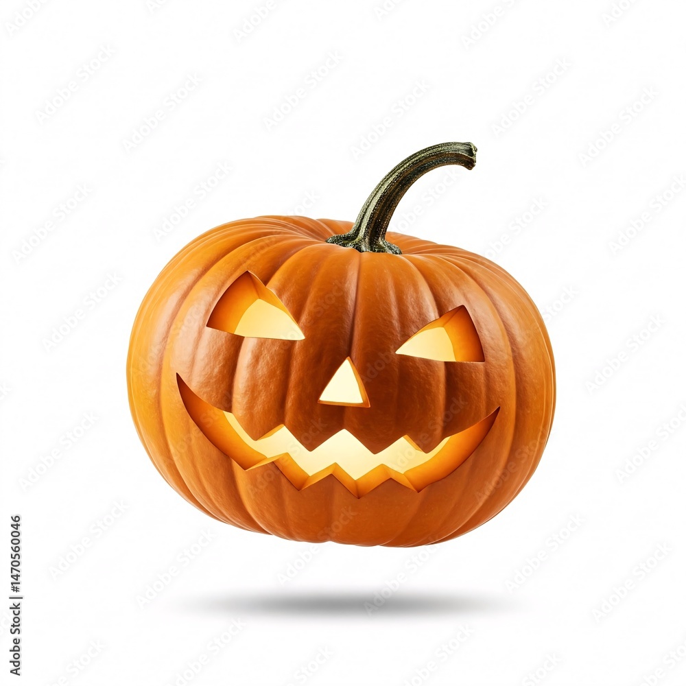 Glowing Halloween Jack-o'-lantern with carved face, isolated on a white background Glowing Halloween Jack-o'-lantern with carved face, isolated on a white background
