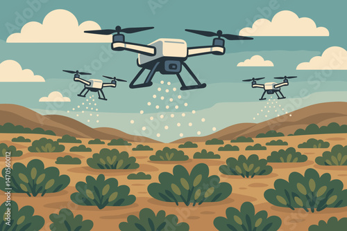 A flat expanse of climate-tech is marked by clouds of drones, hardy and robust shrubs, and a vast icy plain