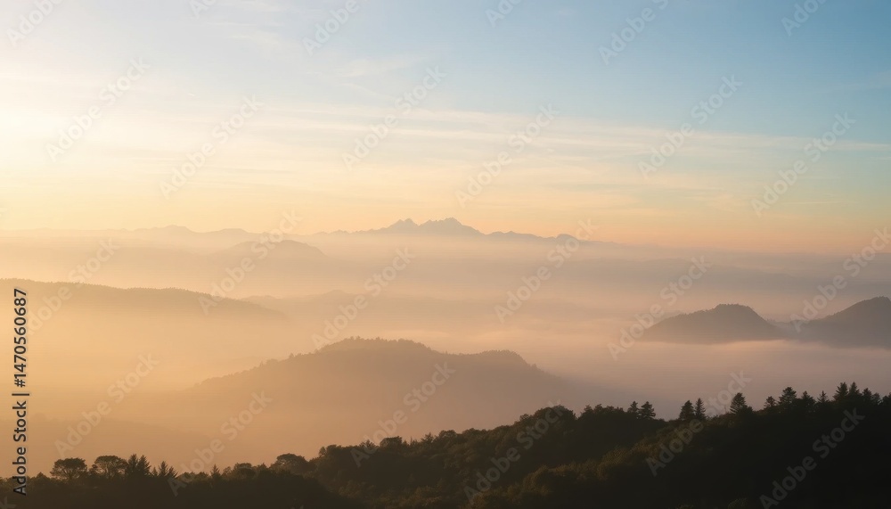custom made wallpaper toronto digitalPanoramic vista of a mountainous landscape shrouded in dreamy morning fog, bathed in the golden light of sunrise with soft gradient sky