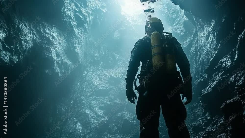 Diver Exploring Underwater Cave: A lone diver explores a dark, underwater cave, illuminated by a beam of light. The diver gazes upwards towards a portal of ethereal radiance.