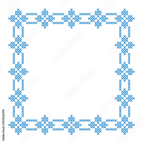 Square cross-stitch embroidery pattern frame in blue for decorative use