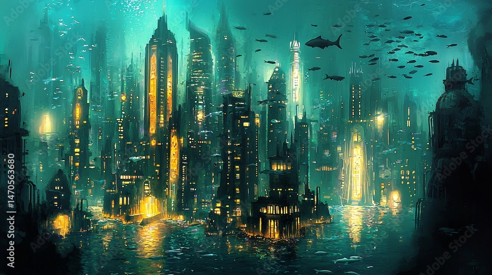 Fototapeta premium Neon lit underwater city glowing skyscrapers schools of fish swimming through the streets cinematic deep sea future