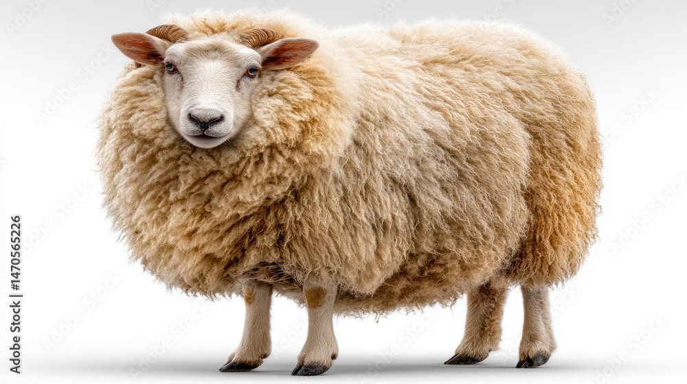 Obraz premium A fluffy sheep standing proudly in front of a white background, isolated on background