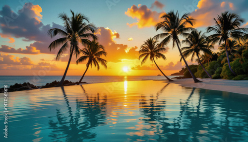 A tranquil tropical sunset bathes a luxurious infinity pool in warm hues  reflecting silhouetted palm trees against a vibrant sky.