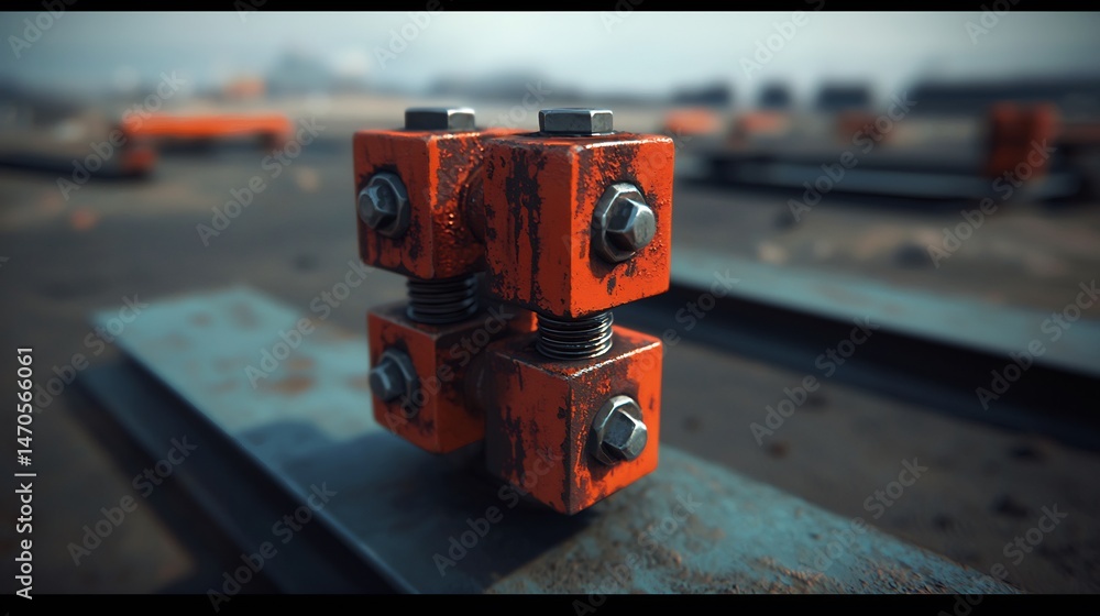 Fototapeta premium Rusty orange metal blocks bolted together on metal beams