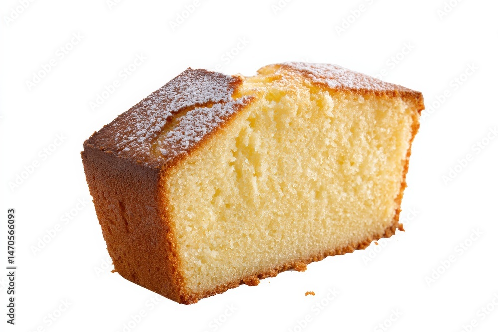 A slice of delicious pound cake, dusted with powdered sugar. Golden-brown crust and soft, fluffy interior. A slice of delicious pound cake, dusted with powdered sugar. Golden-brown crust and soft, fluffy interior.