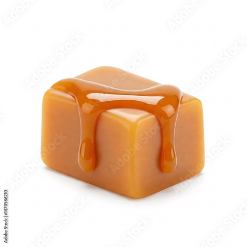 Caramel candy with dripping caramel sauce, sweet treat, confectionery, dessert, toffee.