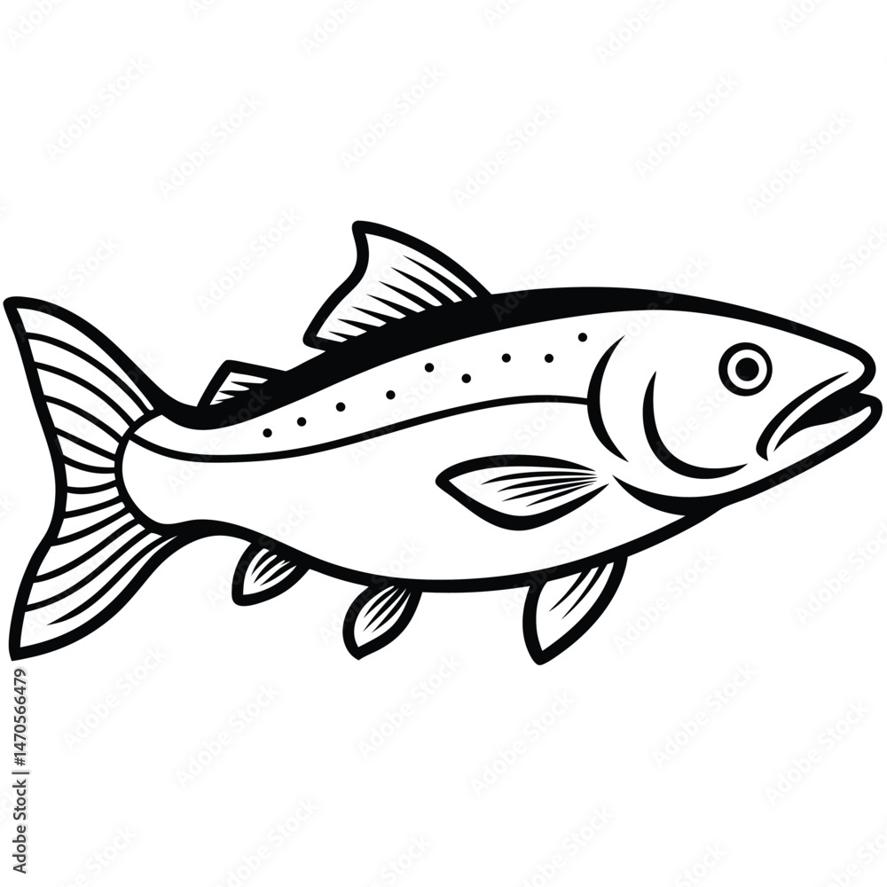 Fototapeta premium Simple black outline of a fish with spots is isolated against a white background