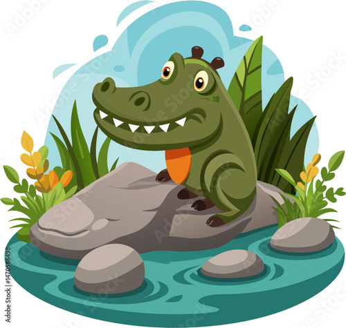 A cute, cartoon crocodile with big eyes and a friendly smile sitting on a rock in a watery, lush environment.