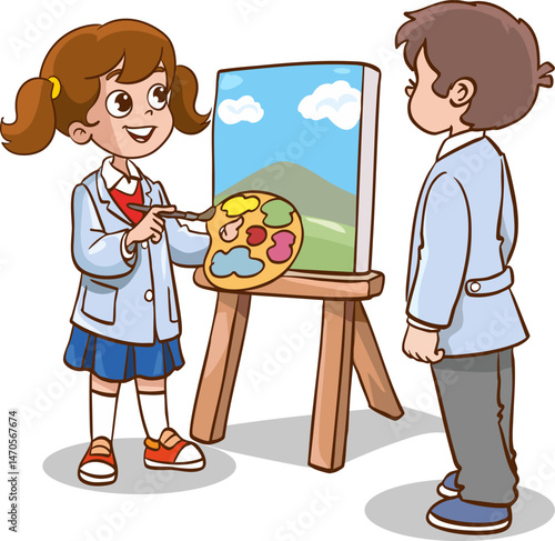 Children's drawing activity in art class. Learning how to draw. Little girl drawing a picture
