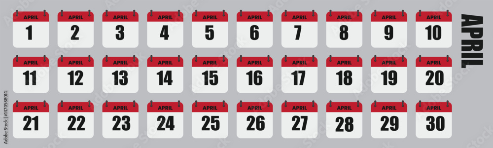 Fototapeta premium April Calendar Days Full Month Set, Dates 1st to 30th Vector Illustration