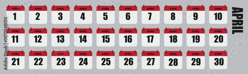 April Calendar Days Full Month Set, Dates 1st to 30th Vector Illustration