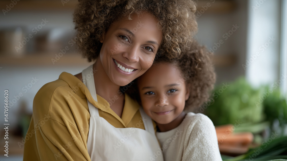 Fototapeta premium A mother and daughter cooking together in a bright kitchen with vegetables