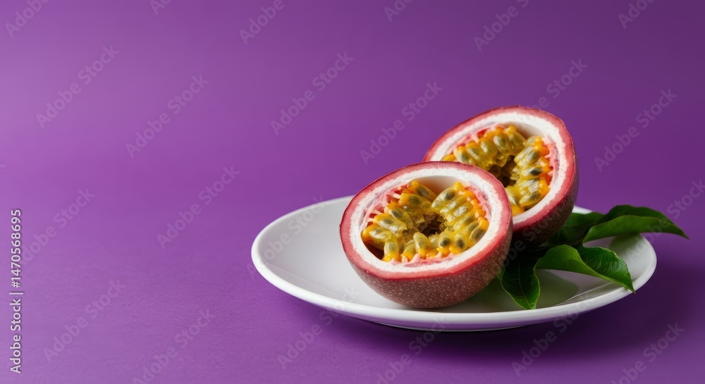 Juicy halved passion fruit on white plate with purple background and green leaves Juicy halved passion fruit on white plate with purple background and green leaves