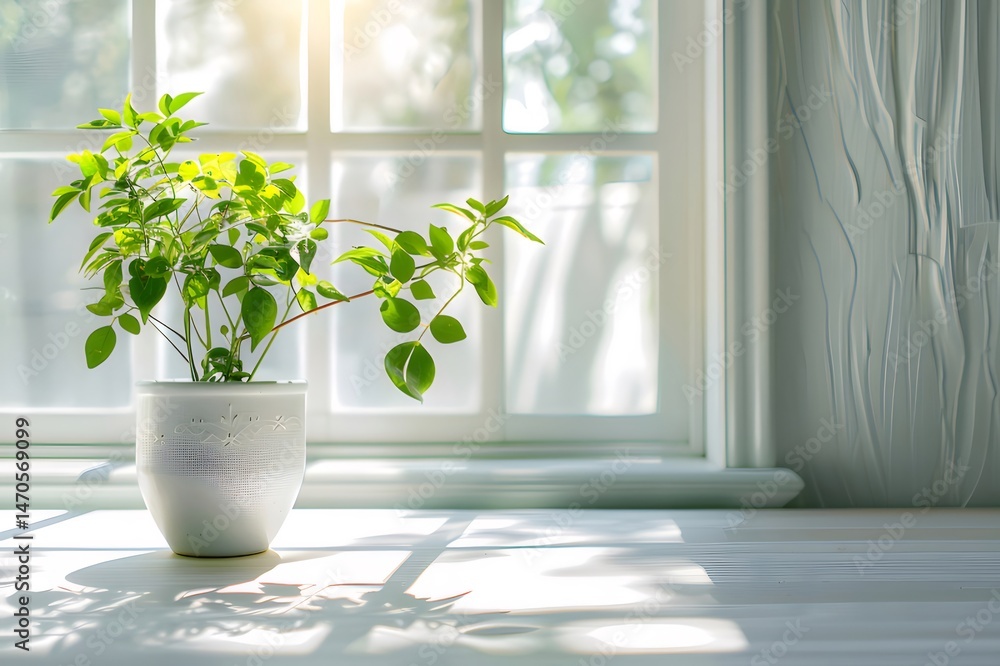 白い木製のテーブルの上の白い鉢に植えられた緑豊かな植物と明るい光が差し込む窓の穏やかな室内シーン 白い木製のテーブルの上の白い鉢に植えられた緑豊かな植物と明るい光が差し込む窓の穏やかな室内シーン