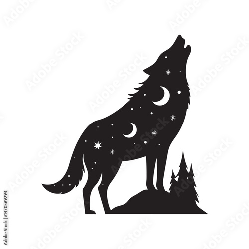 Double exposure wolf night moon silhouette