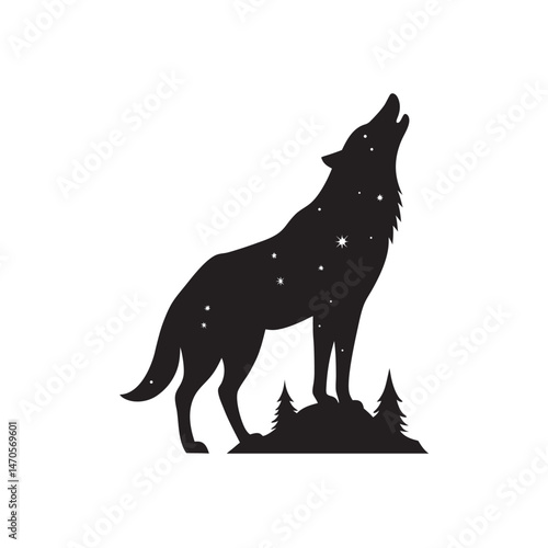 Wolf with moon double exposure silhouette