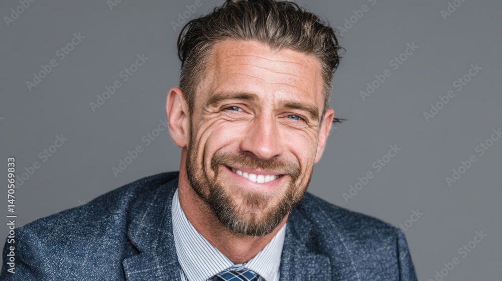 Obraz premium Portrait of a smiling manager businessman in a suit, showing leadership and success, isolated on background