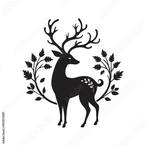 Deer with decorative florals silhouette