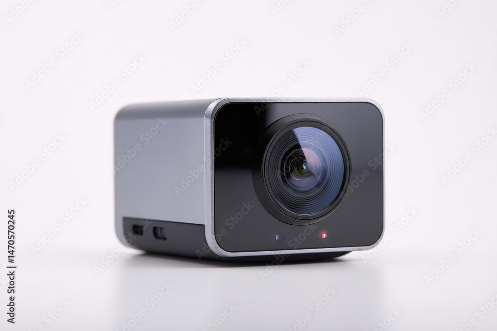 Sleek silver and black webcam, perfect for video conferencing or streaming. Sleek silver and black webcam, perfect for video conferencing or streaming.