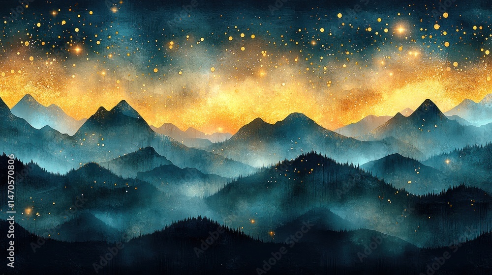 Naklejka premium Misty mountains at sunset, illuminated by countless glowing lights in the sky, creating a magical, serene atmosphere