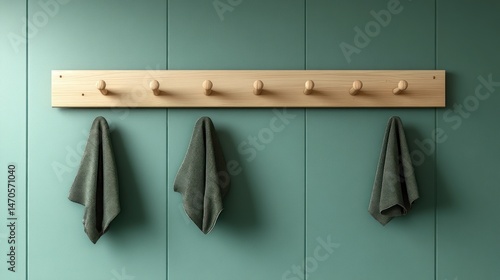 Wooden wall-mounted coat rack with towels.  Bathroom interior design