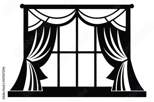 silhouette of a framed window with gathered curtains creates a vintage look